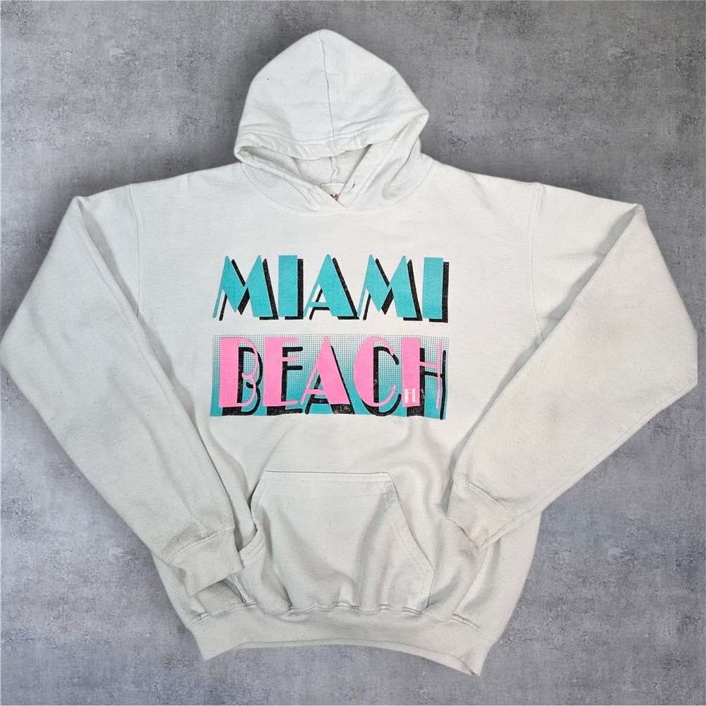 Miami Beach Youth Hoodie Yazbek Pullover Sweatshirt Retro Graphic White XL C28